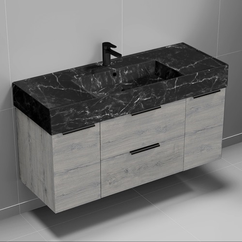 Nameeks DERIN979 Grey Oak Bathroom Vanity With Black Marble Design Sink, Wall Mounted, 48 Inch, Modern